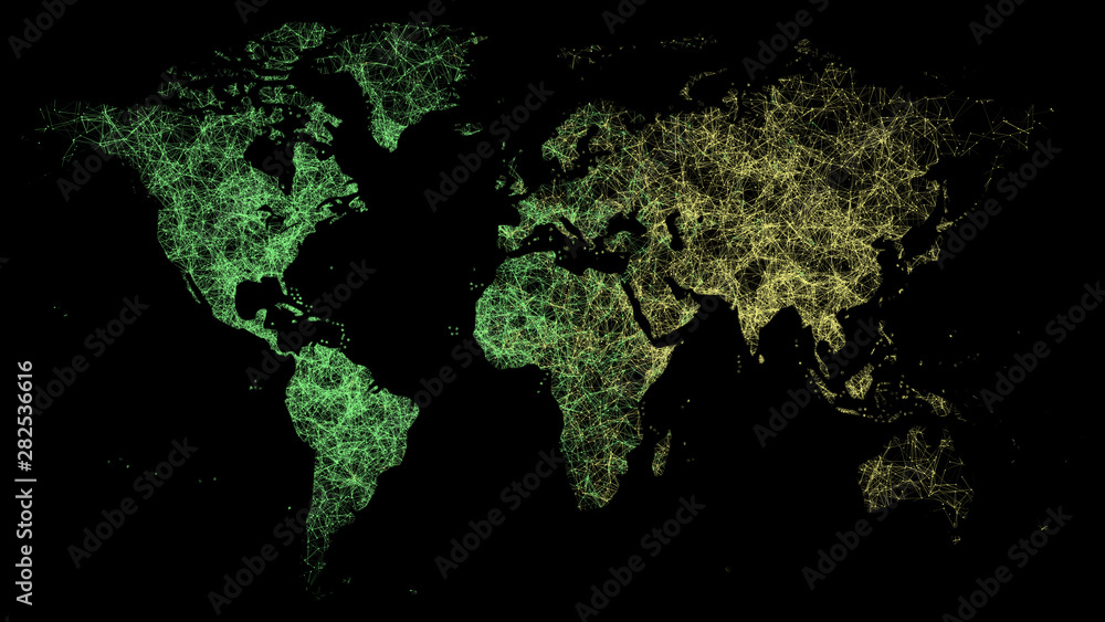 World map drawn with green and golden abstract lines on a dark background