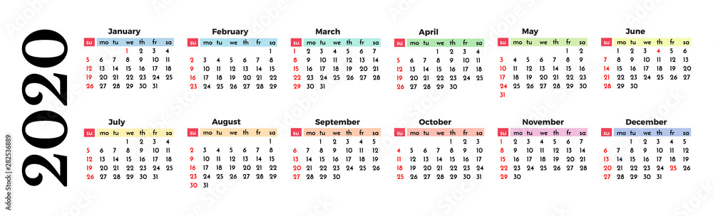 Calendar for 2020 isolated on a white background Calendar for 2020 isolated on a white background