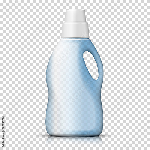 Vector 3d realistic transparent plastic detergent bottle on plaid background. Mock-up for product package branding.