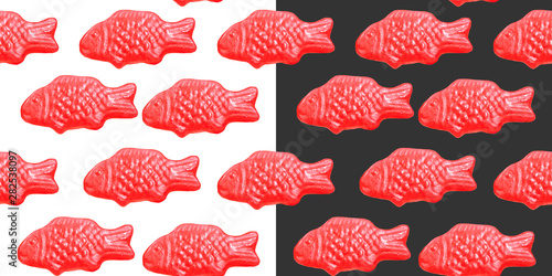 Set of red sweet fish jelly seamless patterns. Suitable for use in printed materials or wrapping paper.