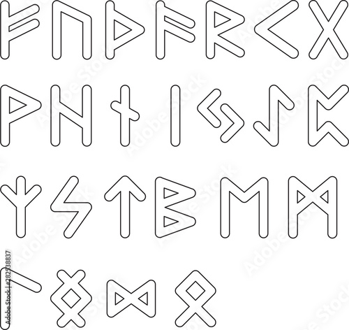 Collection of 24 scandinavic runes. Futhark icon set. Elder viking hieroglyphics. Vector illustration