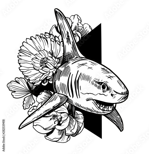 Hand drawn illustration with shark, peonies, flowers. Great for printing on t-shirts, for tattoos sketches. Vector