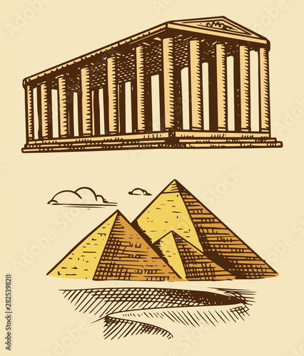 Great Pyramid of Giza and historical building with columns. Seven Wonders of the Ancient World. The great construction of the Greeks. Hand drawn engraved vintage sketch.