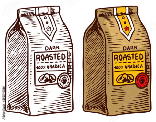 Pack of coffee. Bag of ground beans in vintage style. Hand drawn engraved retro sketch. Organic natural plant, template for a label or menu.