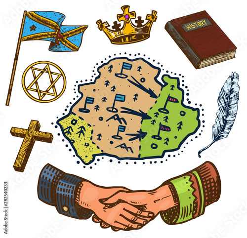 The concept of history on earth. Education, religion and old ancient symbols. Handshake Map Book Flag Crown. Hand drawn engraved vintage sketch.