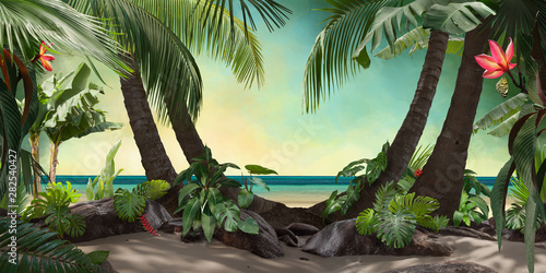 beautiful beach lagoon view with palm trees and tropical leaves, can be used as background