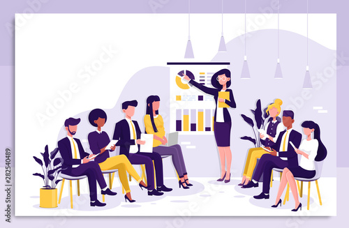 Smart businesswoman giving a presentation to colleagues during in house business training pointing to charts and statistics in a colorful Flat Vector illustration