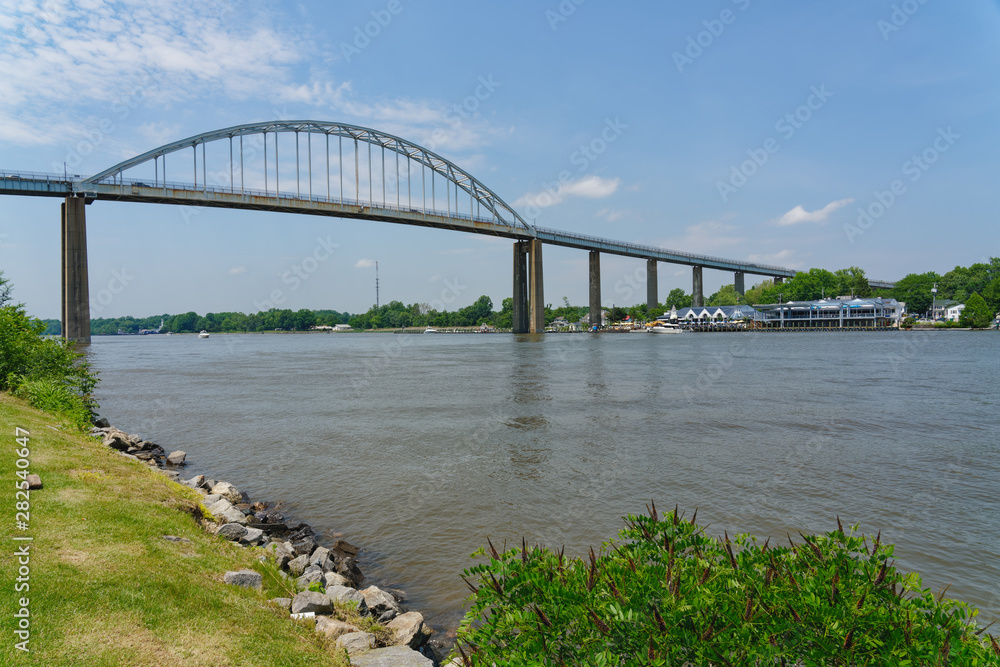 The Chesapeake City bridge crosses over the Chesapeake & Delaware Canal in Maryland and was built in 1949 by the U.S. Army Corps of Engineers