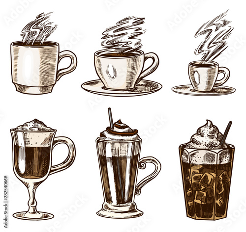 Set of cups of coffee in vintage style. Take away Cappuccino and Glace, espresso and latte, mocha and Americano, frappe in a glass. Hand drawn engraved retro sketch.