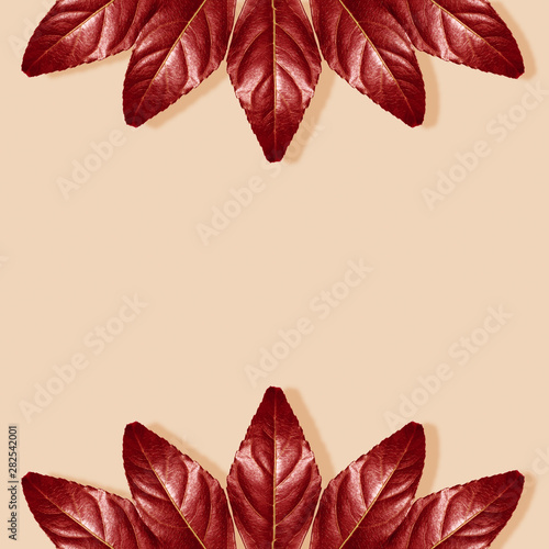 Autumn composition. Autumnal Red Leaves on Pastel Beige Background. Fall Concept. Flat Lay, Top View and Copy Space