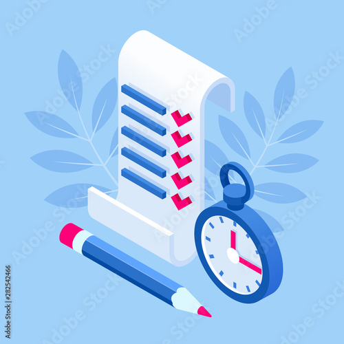 Isometric checklist and to do list. Clipboard with a checklist. Project management, planning and keeping score of the completed tasks concept.