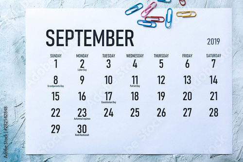 Monthly September 2019 calendar