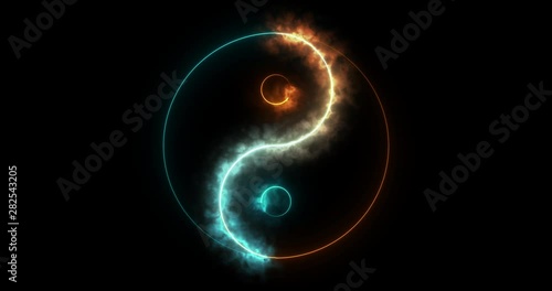 Fire and ice outline glowing ying yang symbol on transparent background