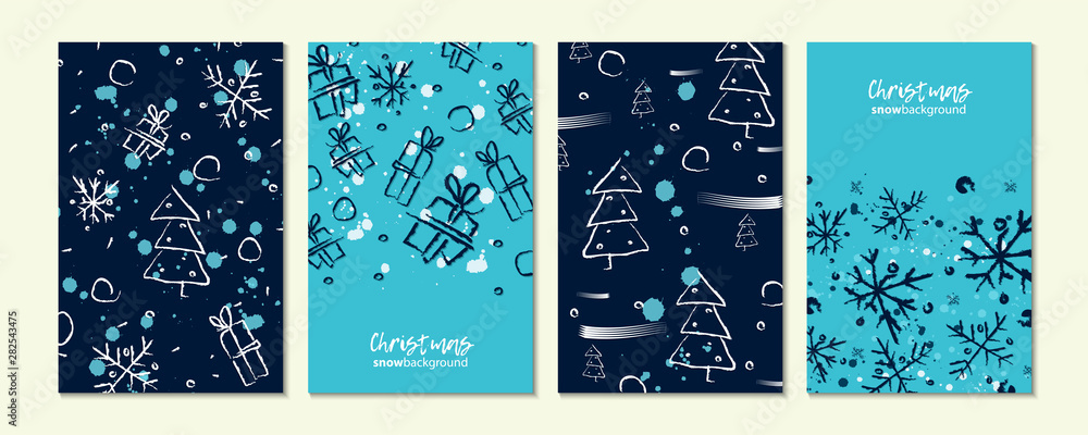 Set of Christmas cards snow background in blue and white colors. Abstract Christmas tree symbol of the year, snowflakes and gifts