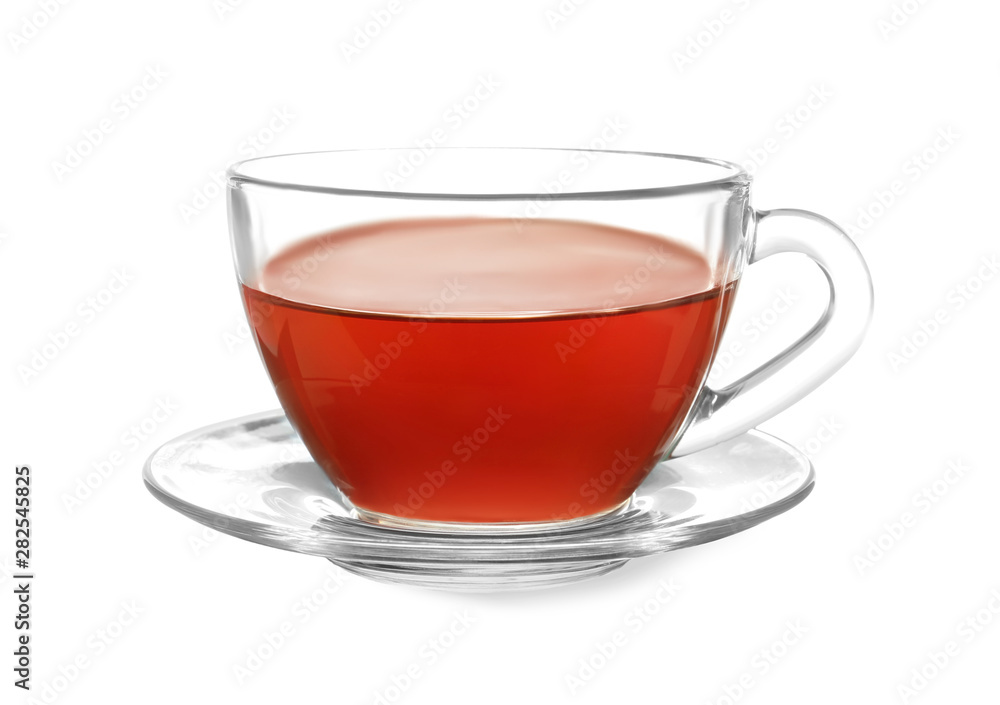 Glass cup of tea and saucer on white background Glass cup of tea and saucer on white background