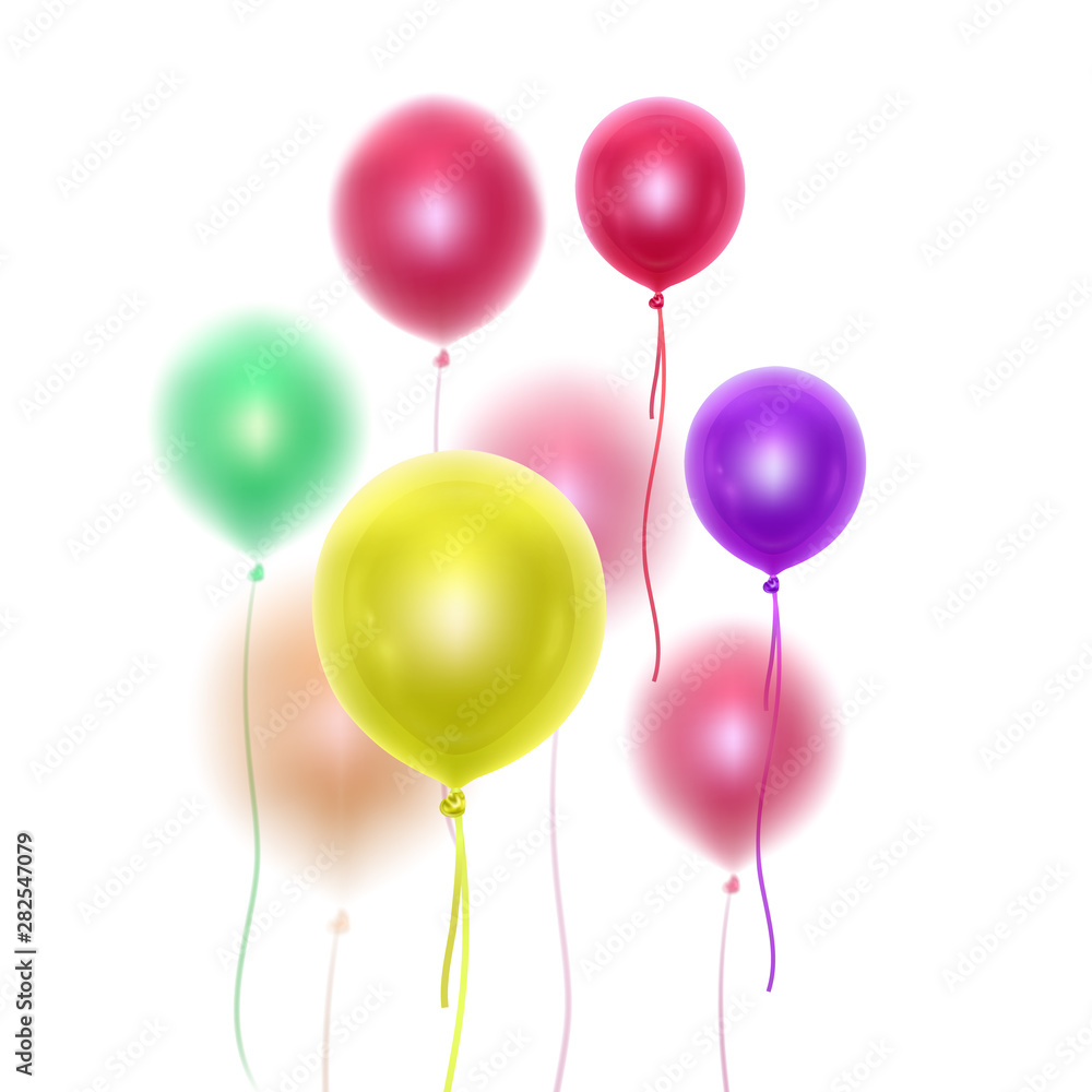 Realistic 3D glossy balloons of rainbow colors with blur effect. Decorative element for party invitation design or greeting cards, Vector illustration