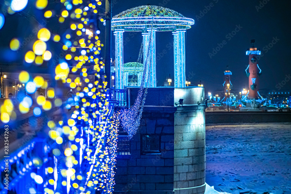 Christmas in St. Petersburg. Decorated city. Bridges Of SPb. Palace bridge with garlands. Festive evening in Russia. New year in Russia. St. Petersburg in winter