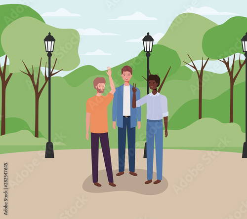 interracial young men group in the park characters