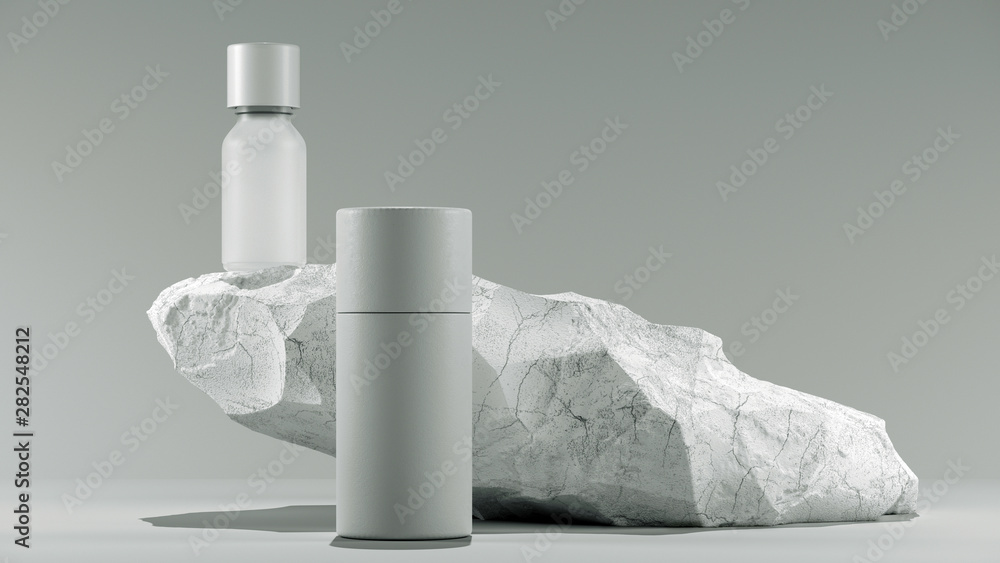 bottle of essential massage oil on stone - beauty treatment. Minimal white design packaging mock up. 3d illustration. bottle of essential massage oil on stone - beauty treatment. Minimal white design packaging mock up. 3d illustration.