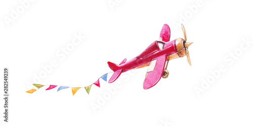 Watercolor illustration of a kid vintage airplane on white background