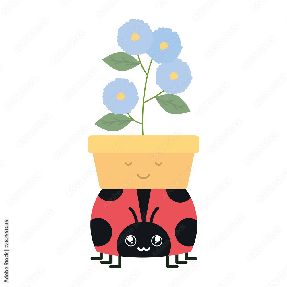 Naklejka premium garden flowers plant in pot with ladybug kawaii style