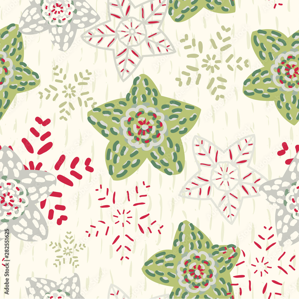 Folk art christmas seamless pattern with crocheted stars and snowflake ornaments. Modern holiday color palette. Homespun, natural feel. Great for gift wrapping paper, cards and fashion. Vector. Folk art christmas seamless pattern with crocheted stars and snowflake ornaments. Modern holiday color palette. Homespun, natural feel. Great for gift wrapping paper, cards and fashion. Vector.