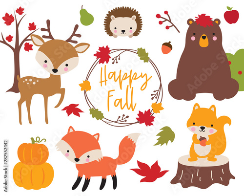 Cute vector illustration of Fall or Autumn woodland animals including bear, deer, fox, hedgehog, and squirrel.