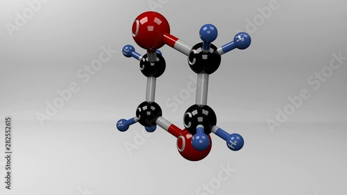 Dioxane molecule. Molecular structure of dioxane, used as a solvent in chemical industry  and considered as potentially carcinogenic. photo