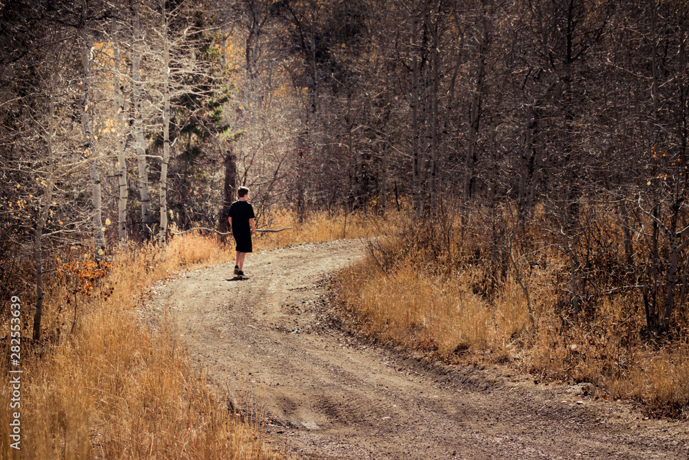 Boy Walking in Dark Forest of Bare Trees