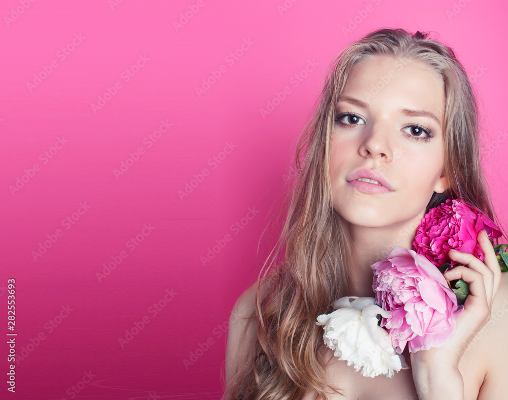 young beauty woman with flower peony pink closeup makeup soft tender gentle look young beauty woman with flower peony pink closeup makeup soft tender gentle look