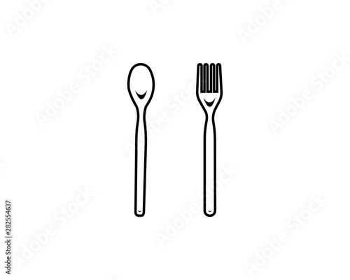 Abstract logo of a cafe or restaurant. A spoon, knife and fork on a plate. A simple outline