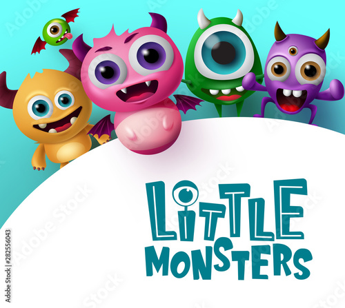 Cute little monster characters vector background template. Little monsters text in empty white space for messages with crazy and scary monster creature in blue background. Vector Illustration.