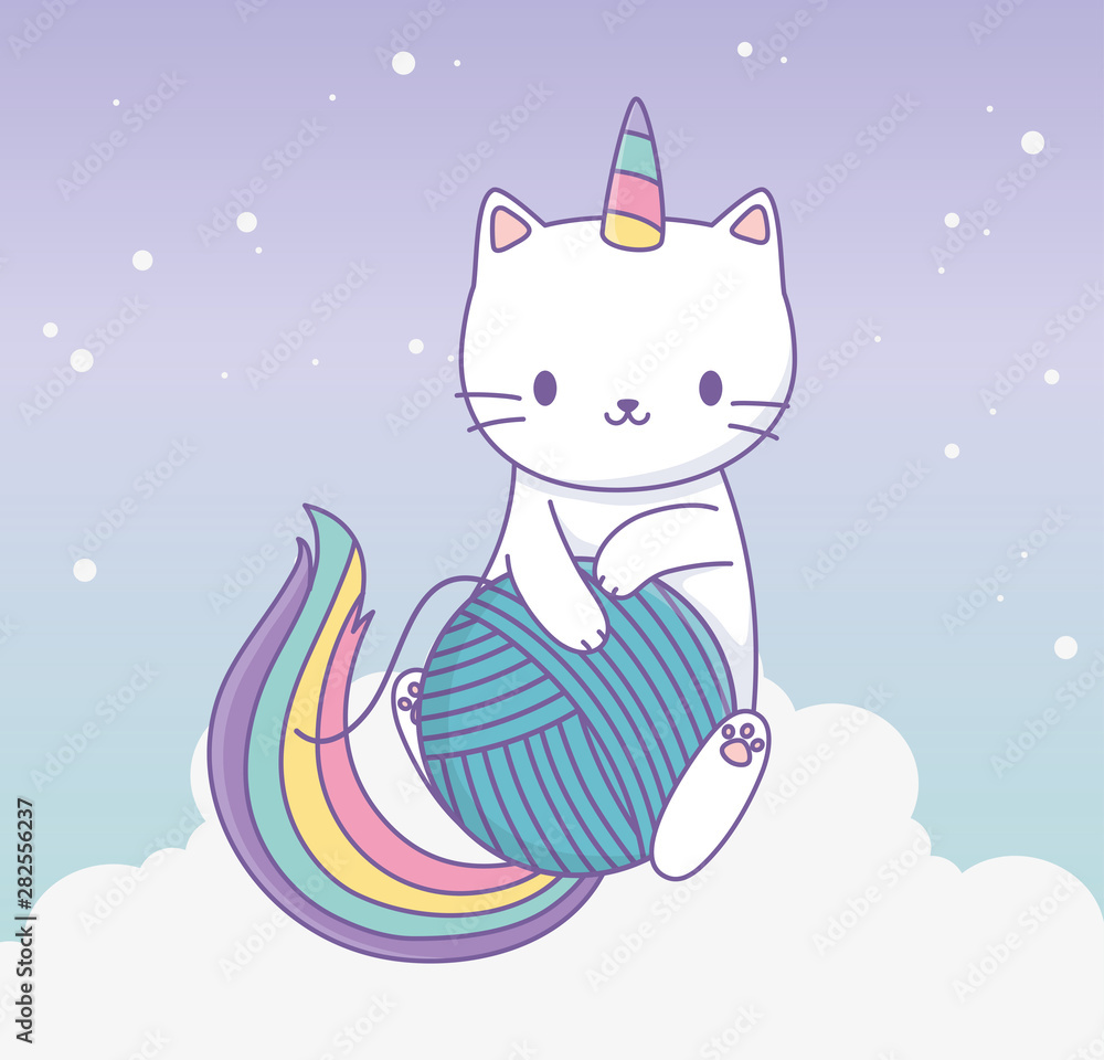 Obraz premium cute cat with rainbow tail and wool ball kawaii character