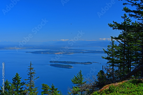 Panoramic view of the San Juan Islands with Mount Baker in the background as seen from Mount Constitution on Orcas Island, Washington