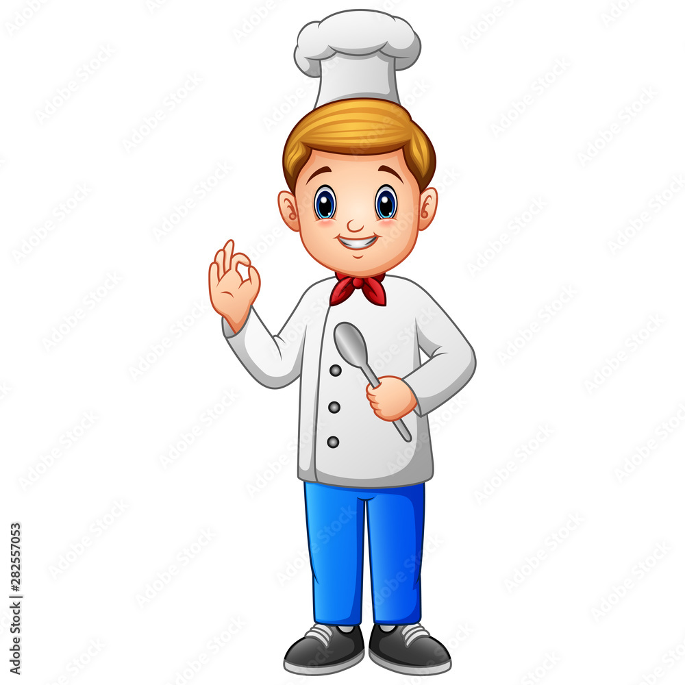 Young chef man in uniform holding a spoon isolated on white background
