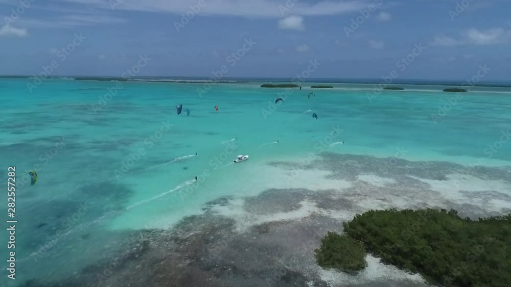 Los Roques venezuela -Caribbean-sea-Fantastic-landscape  Kitesuf in  clear crystal water AND MANGROVES , from drone.