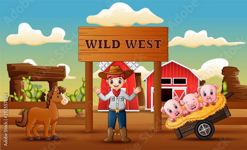 Farm wild west background with cowboy and animals