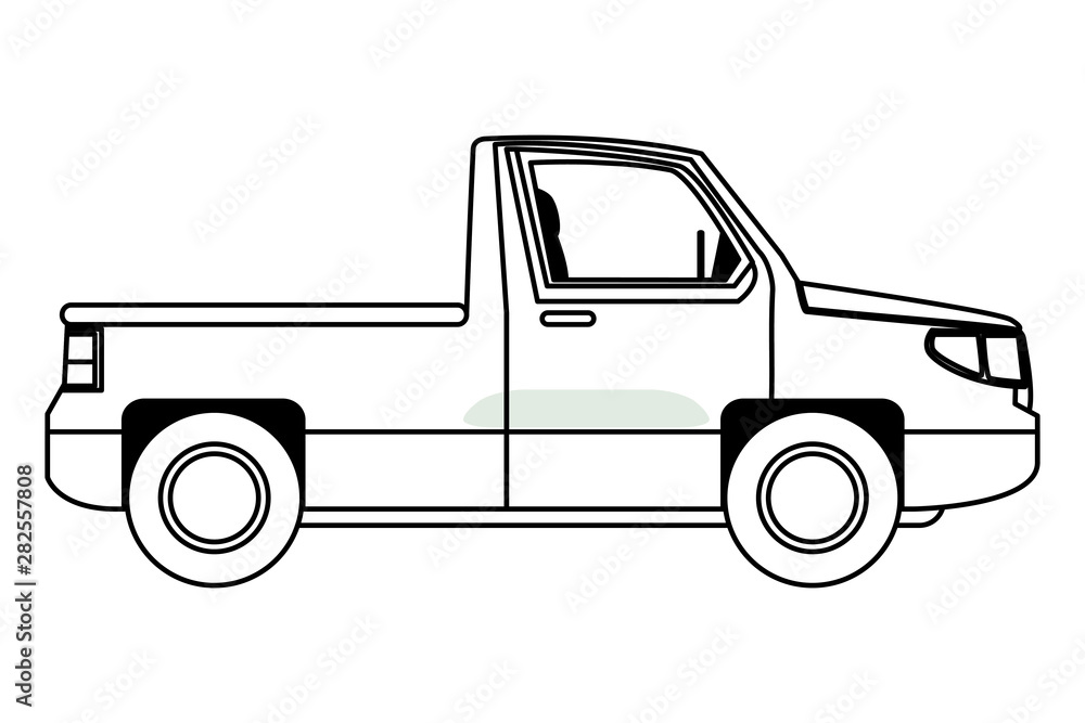 Pick up truck vehicle sideview cartoon in black and white