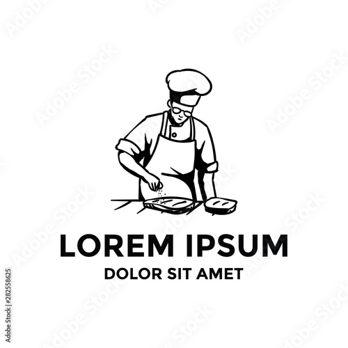 The chef is giving salt to the meat logo template