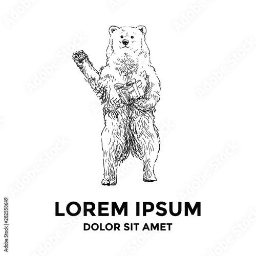 Cheerful greeting bear bring wrapping present for birthday party 