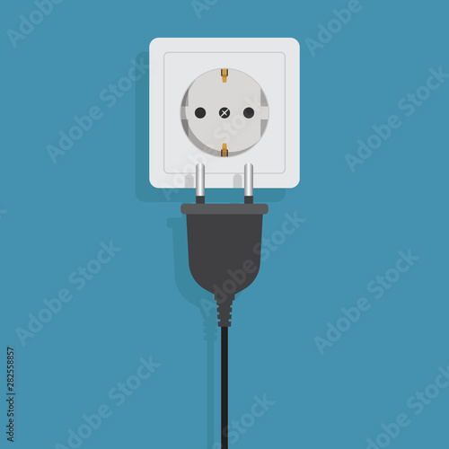 Electrical outlet and electric plug with blue background flat design vector illustration
