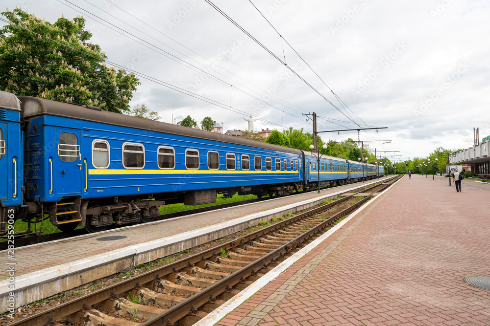 Naklejka premium carriage stands on rails, Railway train, southwestern railway, Ukraine