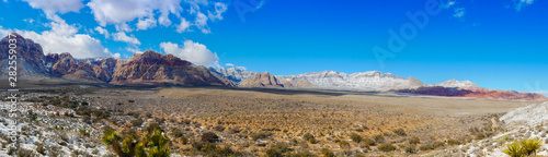 Panoramic view of a rare snow fall at Red Rock Canyon near Las Vegas, Nevada.
