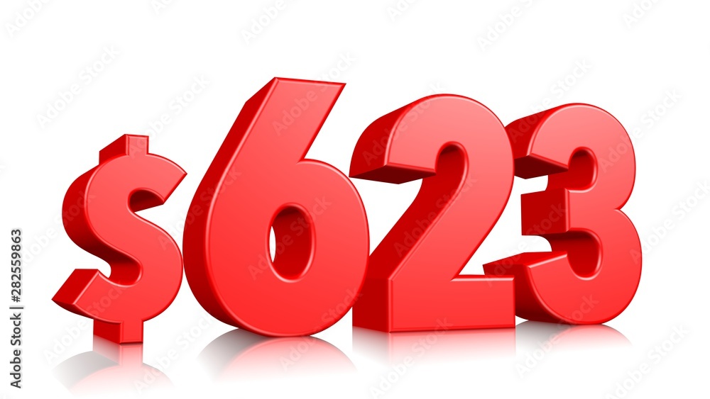 623$ Six hundred and twenty three price symbol. red text number 3d render with dollar sign on white background 623$ Six hundred and twenty three price symbol. red text number 3d render with dollar sign on white background
