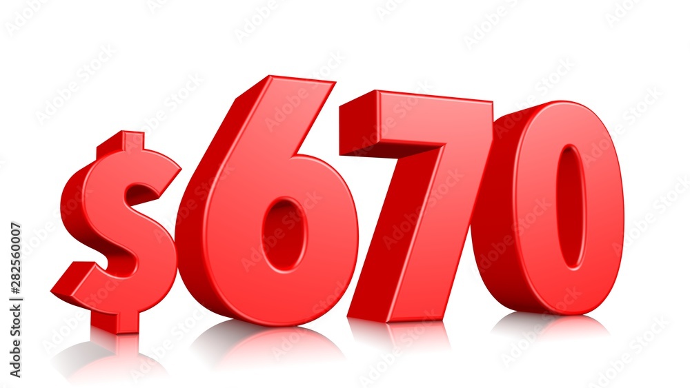 670$ Six hundred seventy price symbol. red text number 3d render with dollar sign on white background 670$ Six hundred seventy price symbol. red text number 3d render with dollar sign on white background