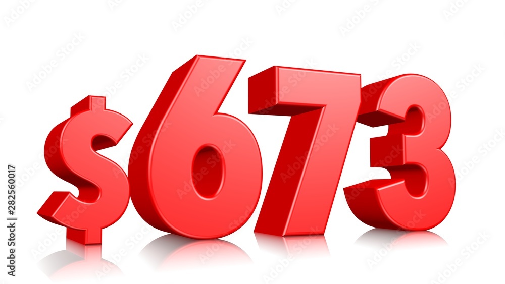 673$ Six hundred seventy three price symbol. red text number 3d render with dollar sign on white background 673$ Six hundred seventy three price symbol. red text number 3d render with dollar sign on white background
