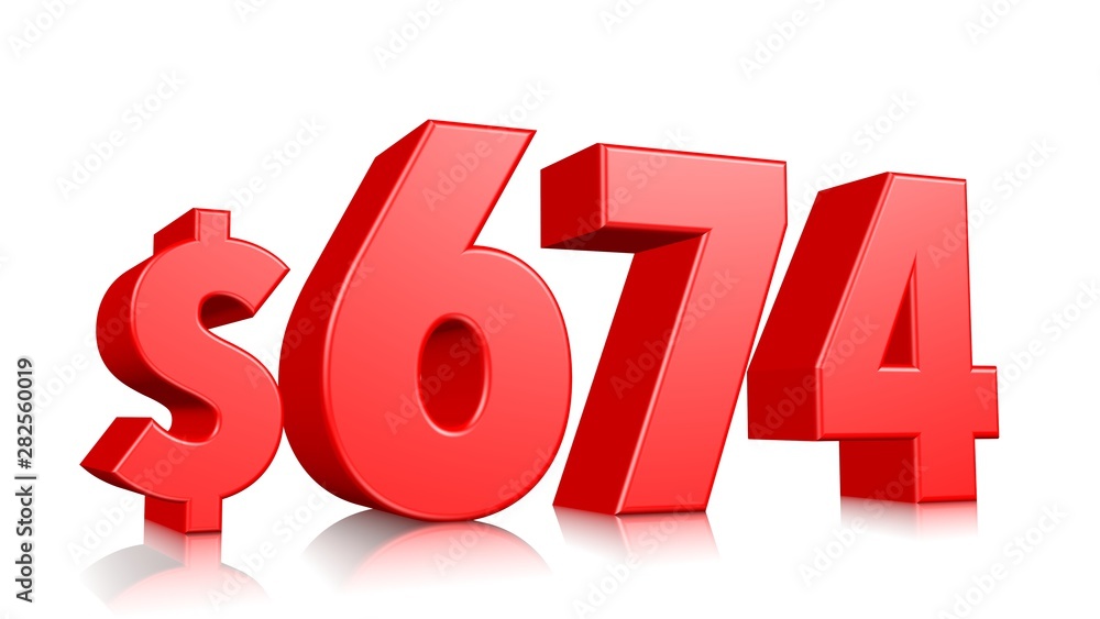 674$ Six hundred seventy four price symbol. red text number 3d render with dollar sign on white background 674$ Six hundred seventy four price symbol. red text number 3d render with dollar sign on white background