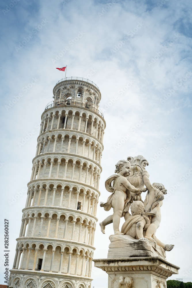 Pisa tower and Putti fountain in Italy