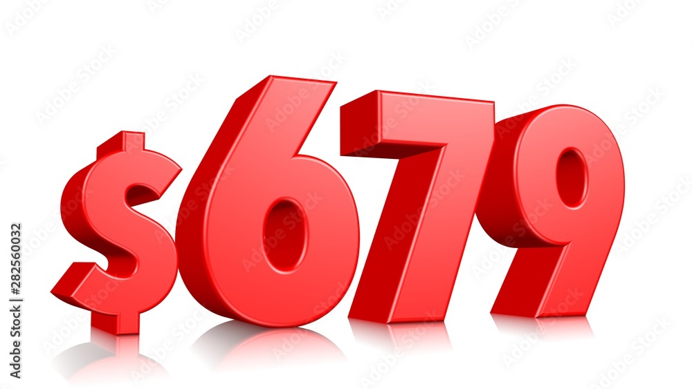 679$Six hundred seventy nine price symbol. red text number 3d render with dollar sign on white background 679$Six hundred seventy nine price symbol. red text number 3d render with dollar sign on white background