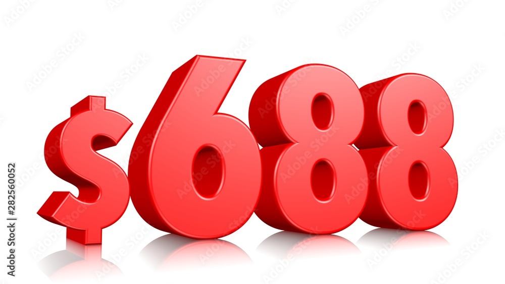688$ Six hundred eighty eight price symbol. red text number 3d render with dollar sign on white background 688$ Six hundred eighty eight price symbol. red text number 3d render with dollar sign on white background